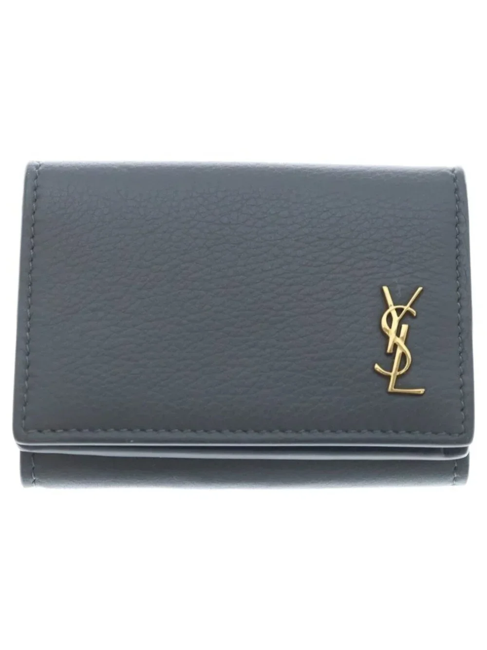Saint Laurent Paris Trifold Wallet Compact Coin Purse Gray Leather Gold